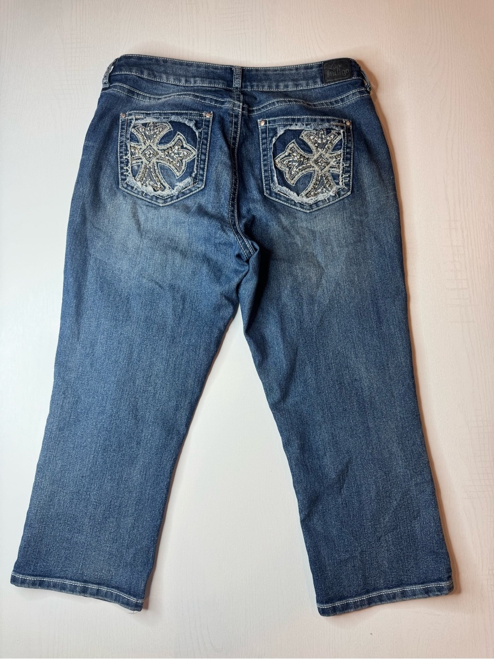 Love Indigo Dark Blue Denim Jeans with Embroidered Pocket Crosses